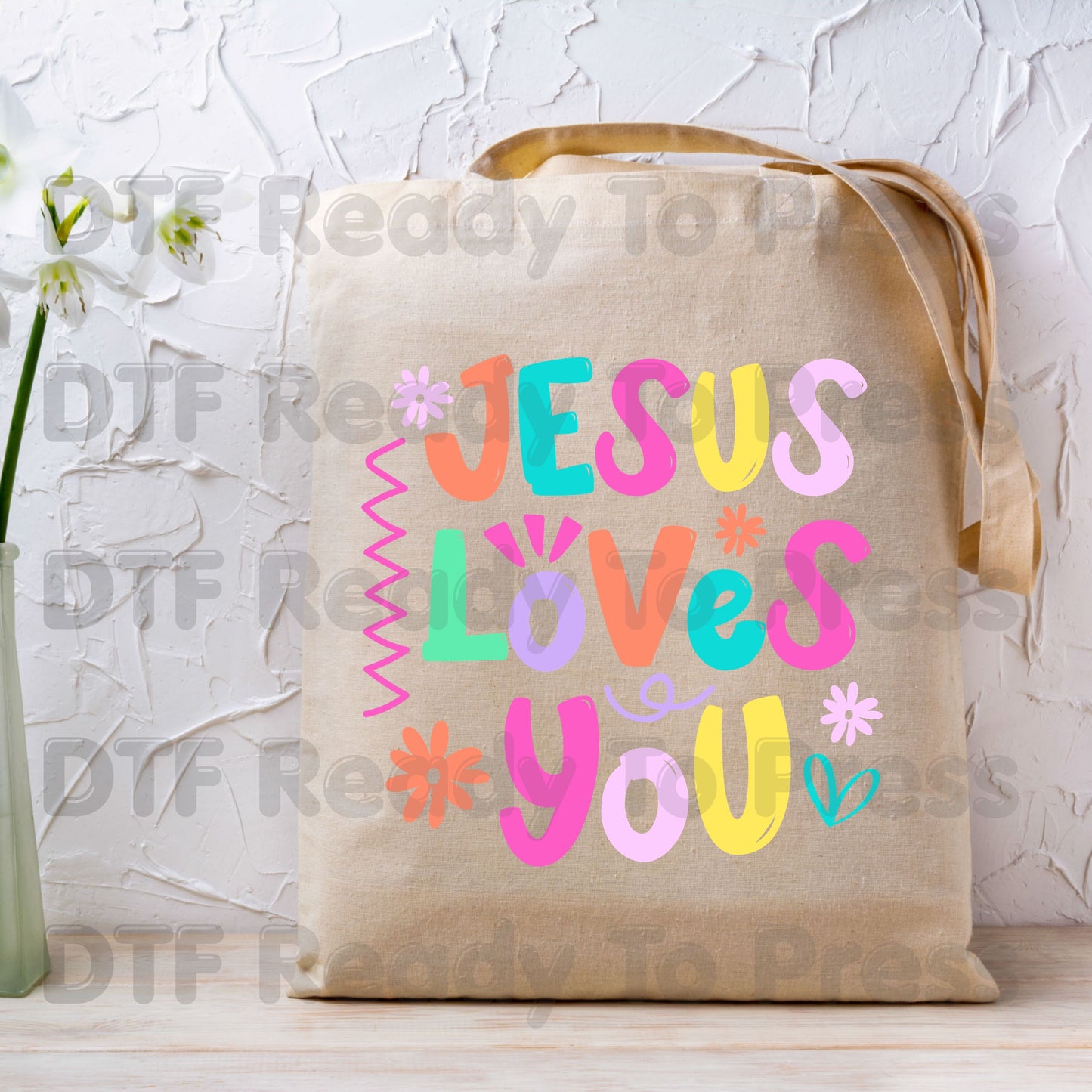 Jesus Loves You DTF Transfer Ready to Press Colorful Christian Heat Transfer For Shirts Retro Bright Faith Pastel Flower Graphic Print