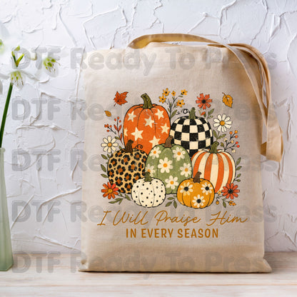 Halloween I Will Praise Him In Every Season DTF Transfer Ready to Press Fall Pumpkin Heat Transfer For Shirts Floral Leopard Retro Print