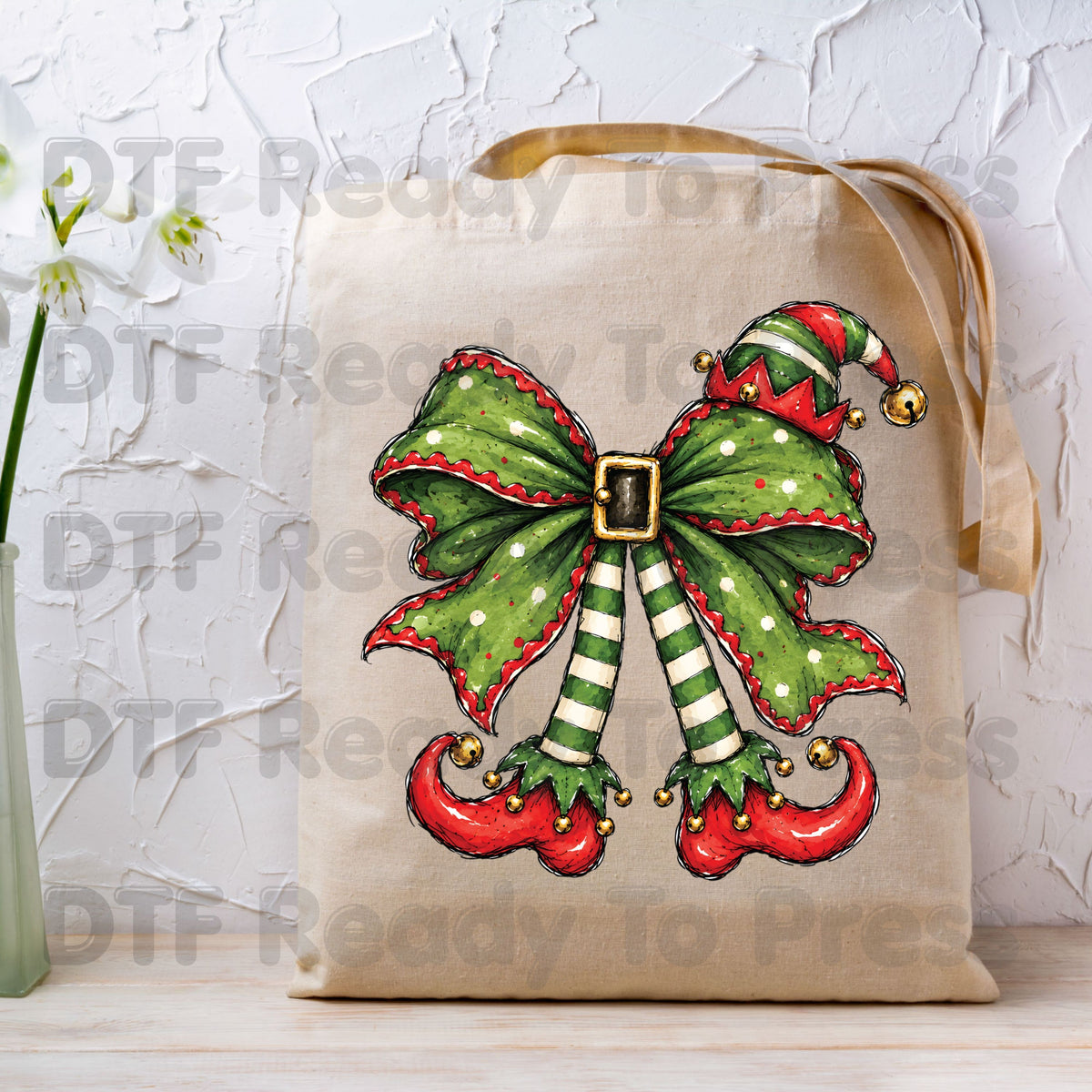 Christmas Elf DTF Transfer, Green Bow, Striped Legs and Hat
