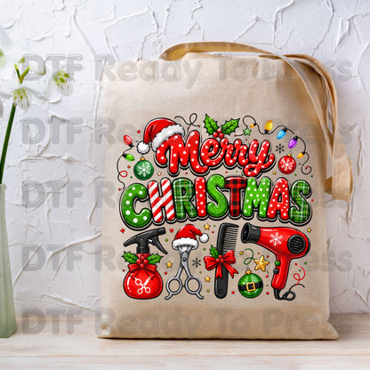 Merry Christmas Hairstylist DTF Transfers, Salon Holiday Scissors Hair Dryer Hairdresser Ready to Press
