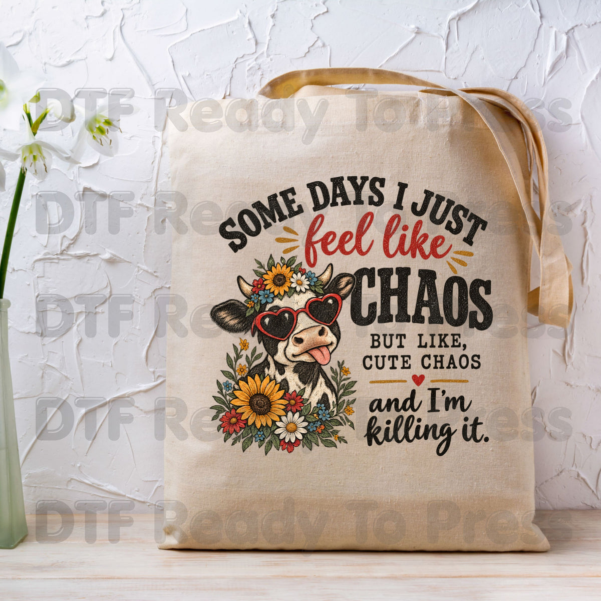 Cute Chaos Cow DTF Transfers, Western Farm Sunflower Glasses Glitter Cowgirl Ready to Press