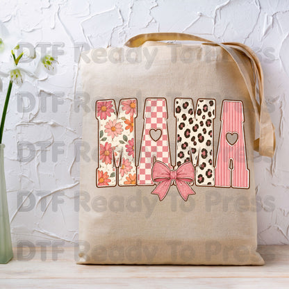 Mama DTF Transfers, Pink Daisy Floral Leopard Coquette Bow Retro Ready to Press