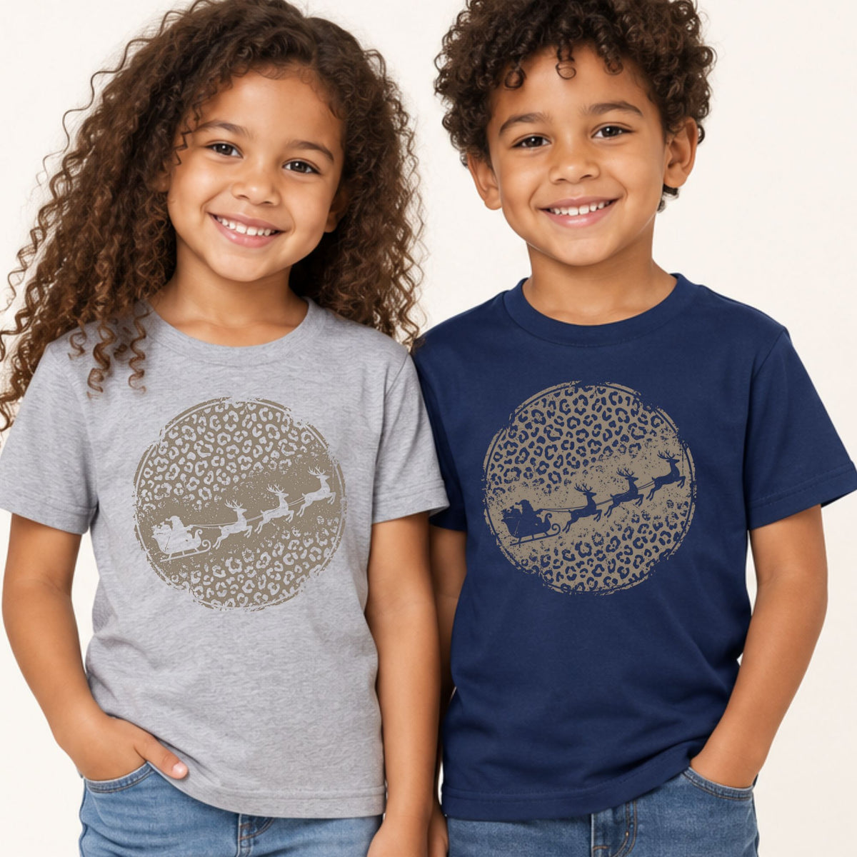 Leopard Print Santa Sleigh T-Shirt, Christmas Reindeer Graphic Tee, Trendy Holiday Shirt