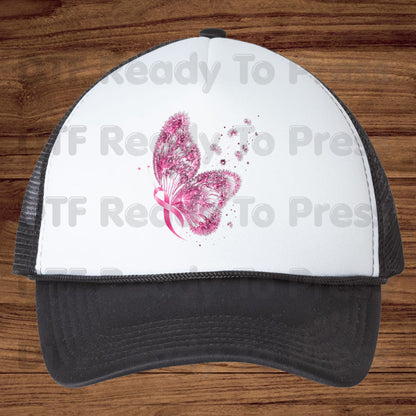 Pink Butterfly Ribbon Breast Cancer Awareness DTF Transfer Ready to Press Heat Transfer Dandelion Floral Tee