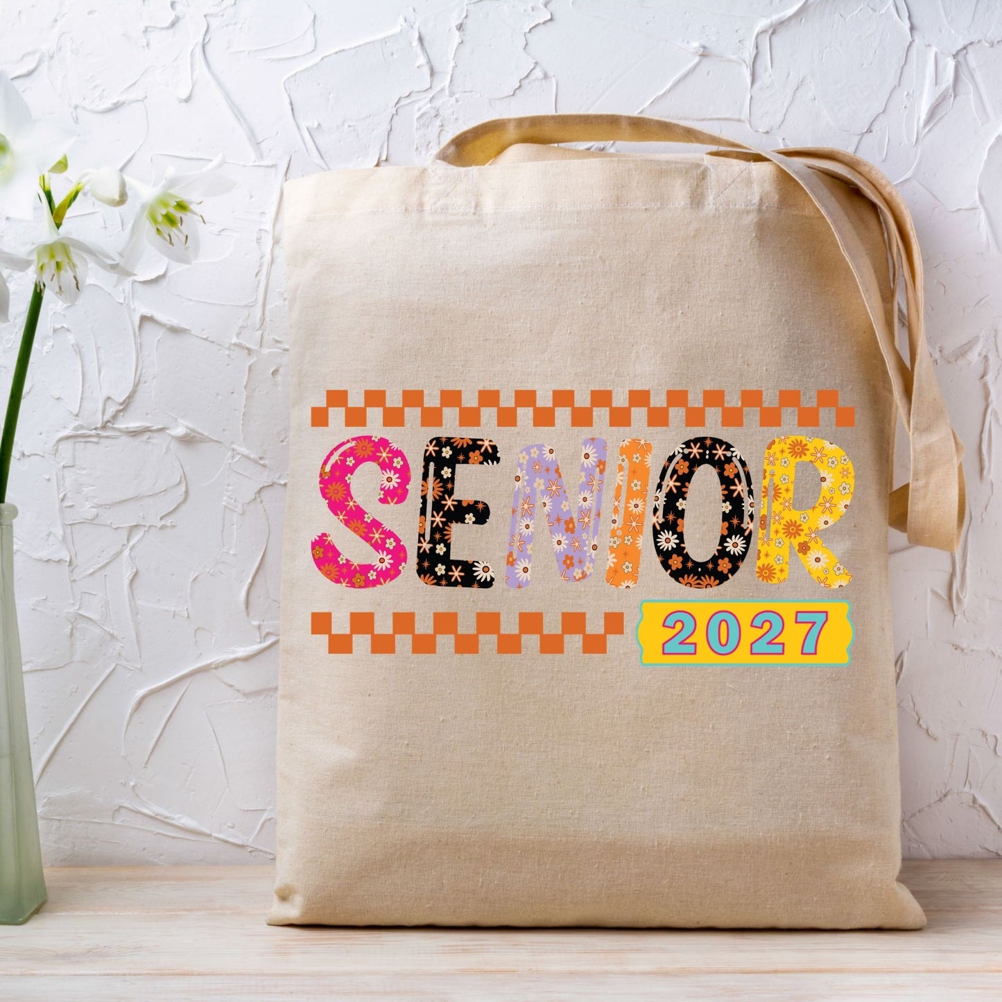 Senior 2027 DTF Transfer Ready to Press Graduation Heat Transfer for Shirts Groovy Retro Daisy Flowers Orange Checkerboard Tee