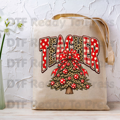 Christmas Teacher Tree DTF Transfers, School Leopard Plaid Red Bow Holiday Ready to Press