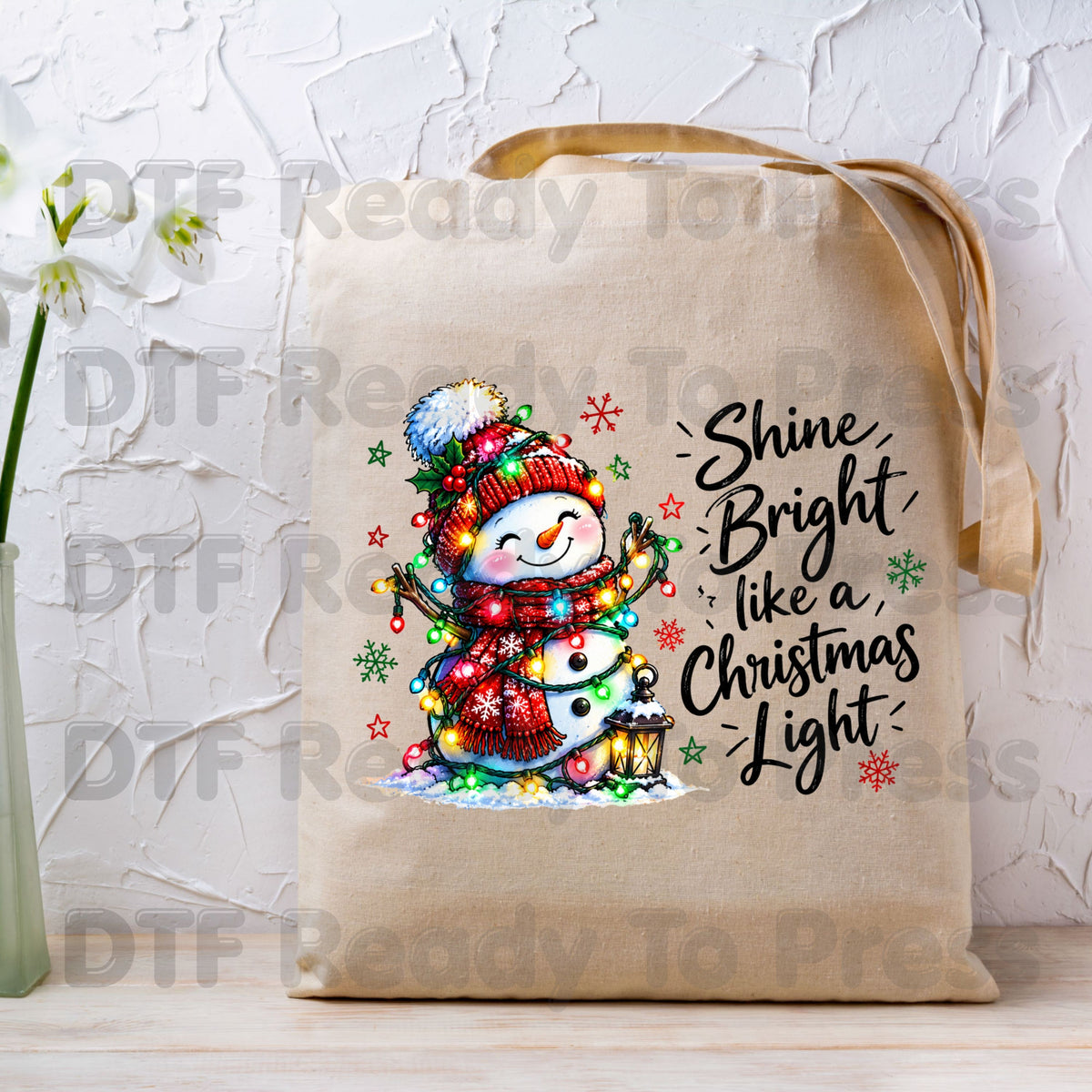 Shine Bright Christmas Snowman DTF Transfers, Holiday Lights Beanie Cute Winter Ready to Press