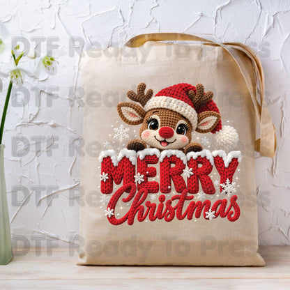 Christmas DTF Transfer, Cute Reindeer Santa Hat, Knitted Letters