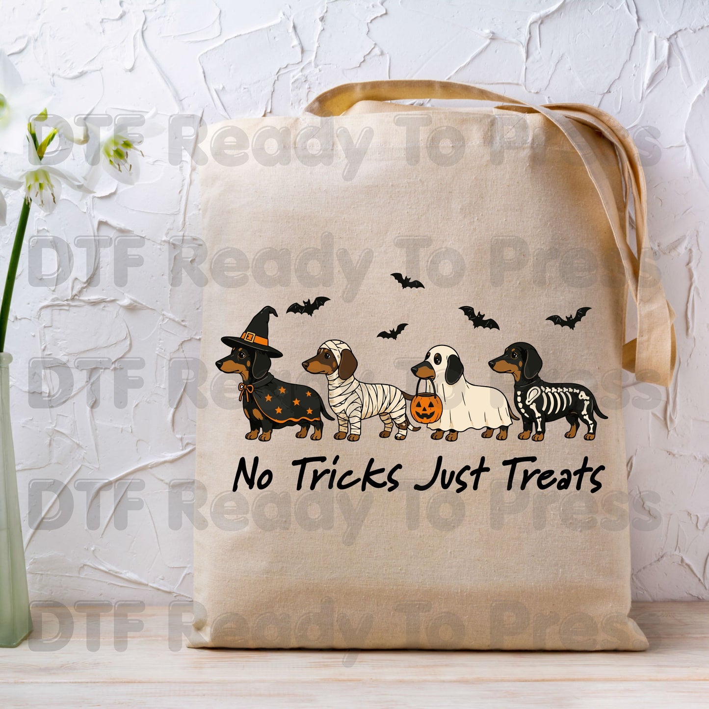 Halloween Dachshund DTF Transfer Ready to Press No Tricks Just Treats Heat Transfer For Shirts Skeleton Ghost Mummy Wiener Dog Spooky Print