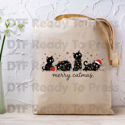 Merry Catmas Black Cats DTF Transfers, Christmas Lights Black Kittens Holiday Cat Lover Ready to Press