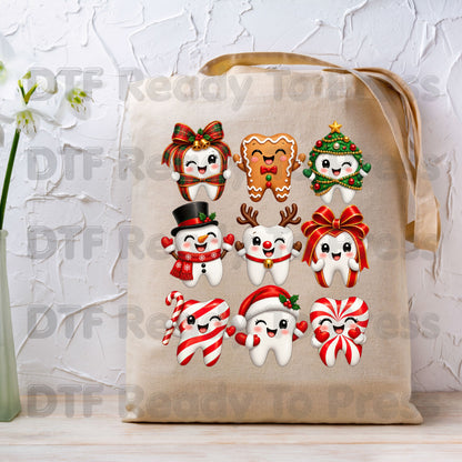 Christmas Dental DTF Transfers, Cute Gingerbread Teeth Dentist Holiday Characters Ready to Press