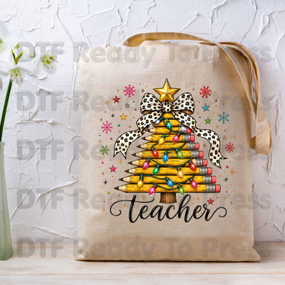 Christmas Teacher Pencil Tree DTF Transfers, School Leopard Bow Lights Holiday Ready to Press