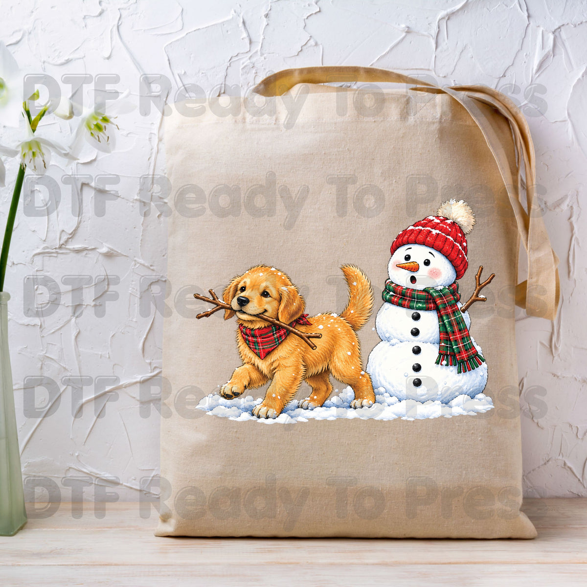 Christmas DTF Transfer, Golden Retriever Puppy with Snowman and Plaid Scarf