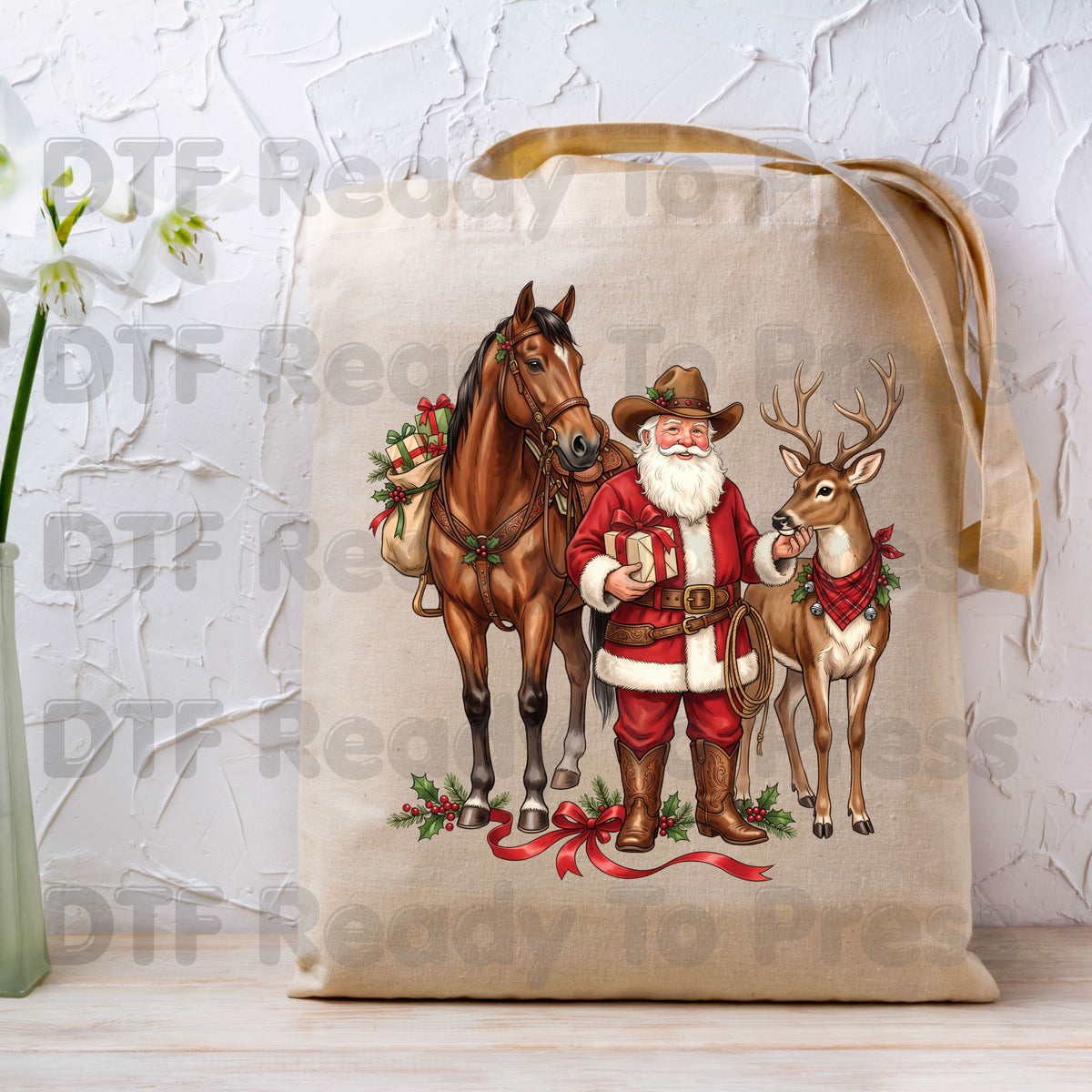Christmas DTF Transfer, Cowboy Santa with Horse and Reindeer, Western Holiday Graphic