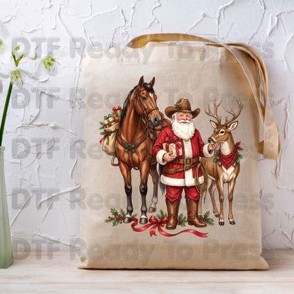 Christmas DTF Transfer, Cowboy Santa with Horse and Reindeer, Western Holiday Graphic