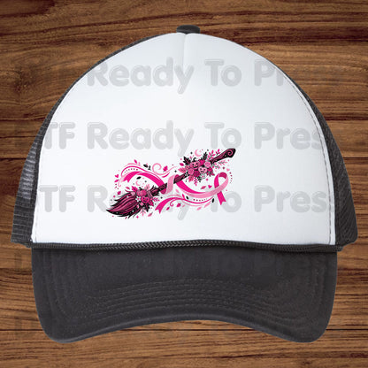 Pink Witch Broom Pumpkin Ribbon Breast Cancer Awareness DTF Transfer Ready to Press Heat Transfer Tee