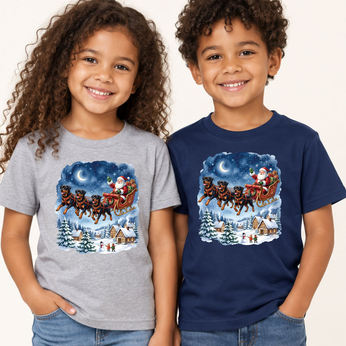 Rottweiler Christmas T-Shirt, Santa Sleigh with Flying Dogs Graphic Tee, Funny Dog Lover Holiday Shirt