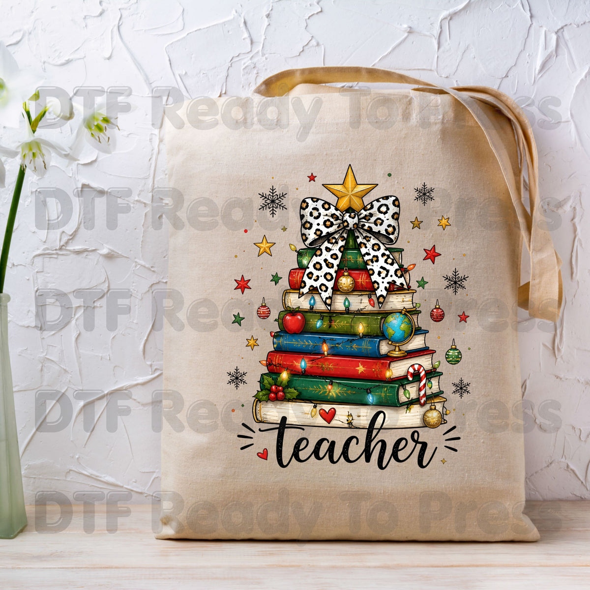 Christmas Teacher DTF Transfers, Book Tree Leopard Bow School Lights Holiday Ready to Press