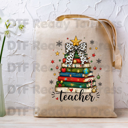 Christmas Teacher DTF Transfers, Book Tree Leopard Bow School Lights Holiday Ready to Press