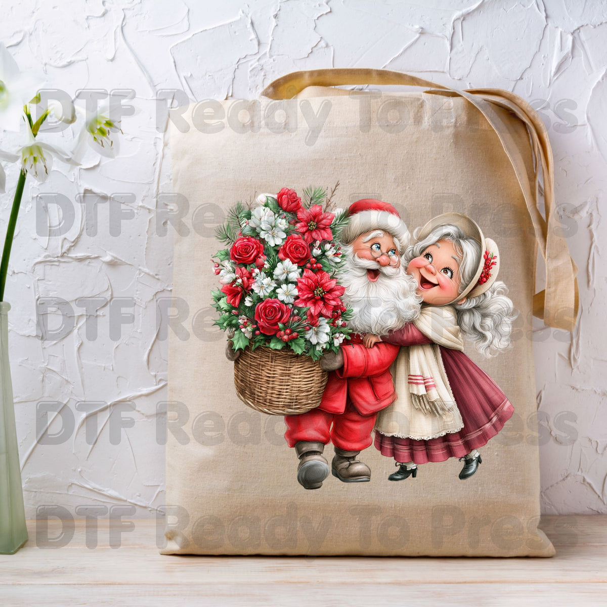 Santa Mrs Claus DTF Transfers, Vintage Christmas Couple Flowers Holiday Ready to Press