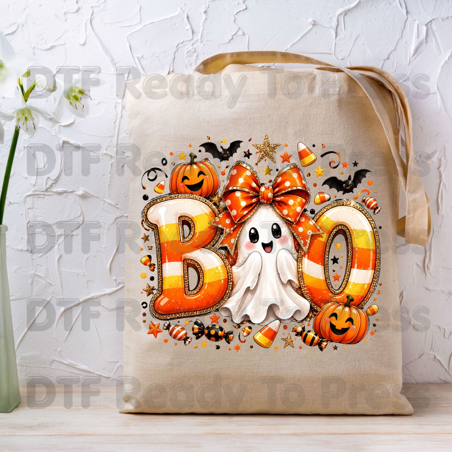 Halloween DTF Transfers, Boo Ghost Orange Bow Candy Corn Pumpkin Spooky Season Ready to Press