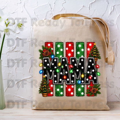 Christmas Mama DTF Transfers, Christmas Tree Lights Black Polka Dot Holiday Ready to Press