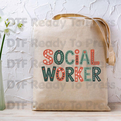 Christmas Social Worker DTF Transfers, Community Snowflake Botanical Holiday Ready to Press