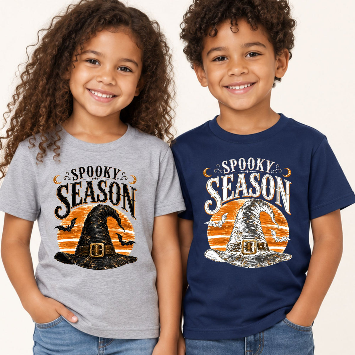 Spooky Season Vintage Witch Hat T-Shirt, Halloween Orange Moon Bats Tee for Toddler and Kids
