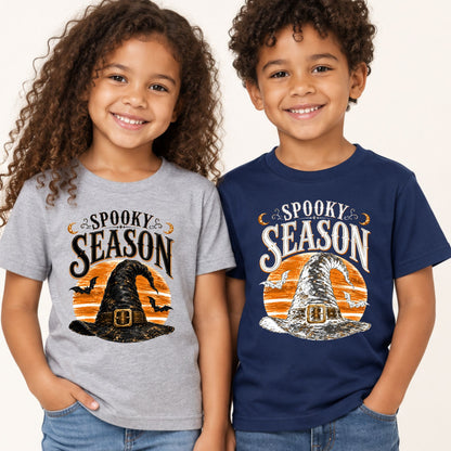 Spooky Season Vintage Witch Hat T-Shirt, Halloween Orange Moon Bats Tee for Toddler and Kids