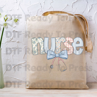 Nurse DTF Transfers, Coquette Floral Nurse Bow Stethoscope Vintage Patchwork