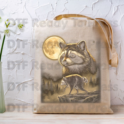 Vintage Raccoon Full Moon DTF Transfers, Forest Wildlife Trash Panda Outdoor Ready to Press