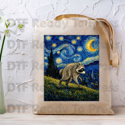 Starry Night Raccoon DTF Transfers, Oil Painting Van Gogh Style Funny Wildlife Art Ready to Press
