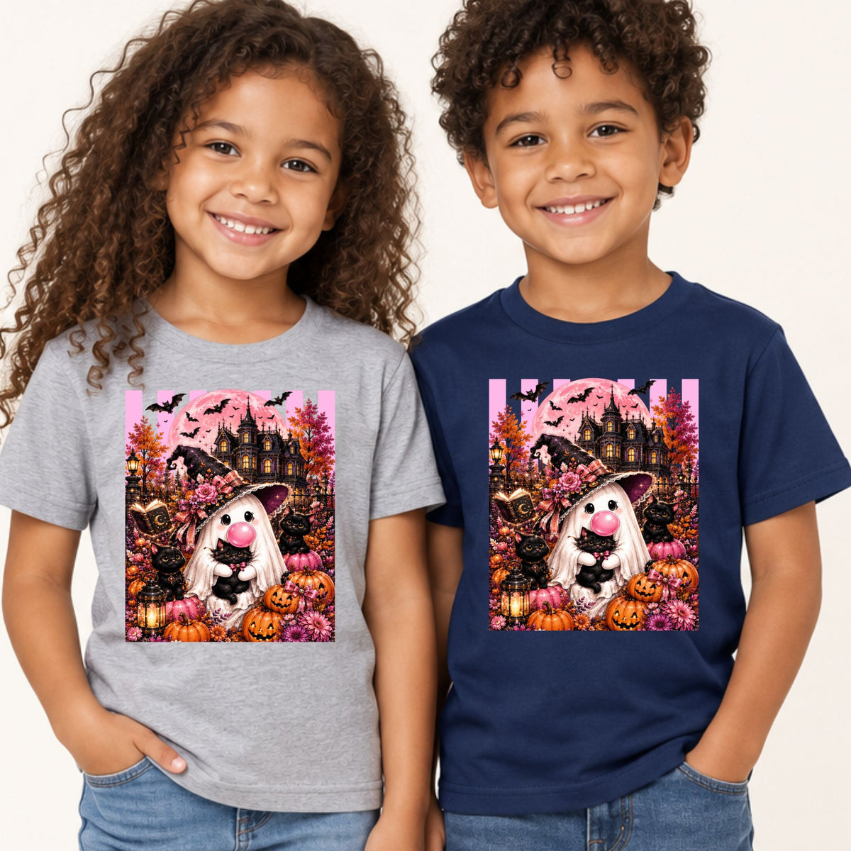 Pink Ghost Halloween T-Shirt, Witch Ghost Bubble Gum Black Cat Spooky Cute Tee for Toddler and Kids