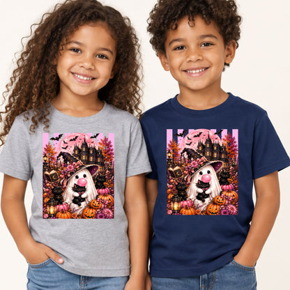 Pink Ghost Halloween T-Shirt, Witch Ghost Bubble Gum Black Cat Spooky Cute Tee for Toddler and Kids