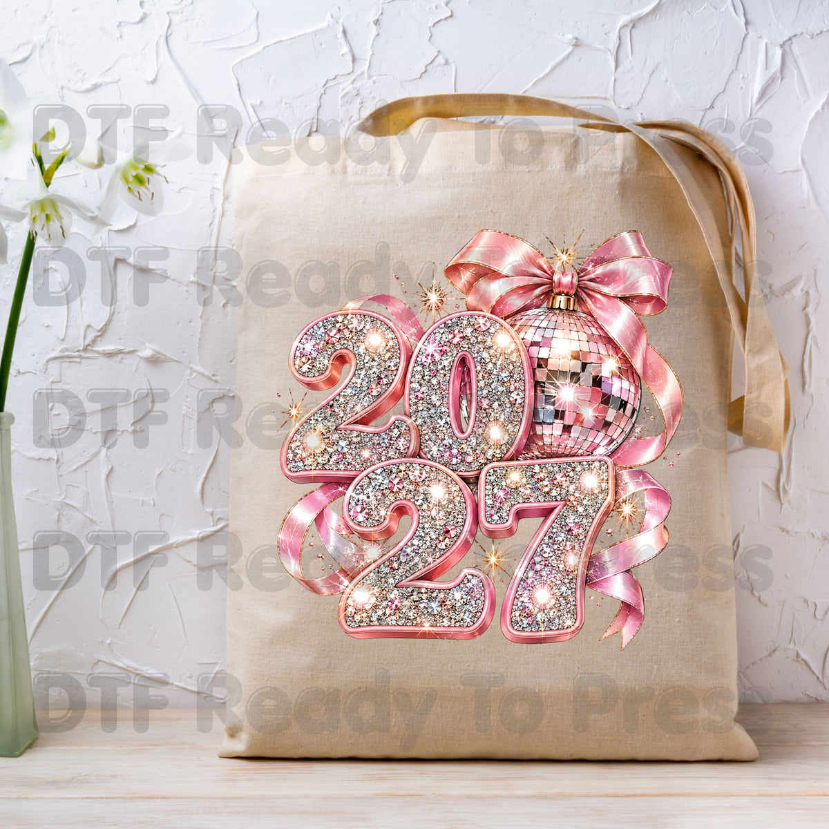 New Year 2027 DTF Transfer, Pink Glitter Numbers, Disco Ball Bow
