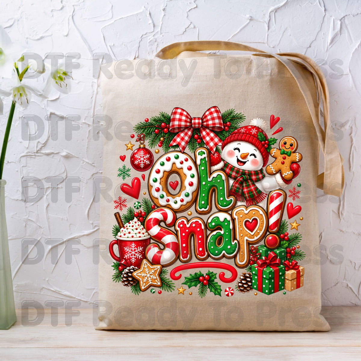 Gingerbread Snowman Christmas DTF Transfers, Oh Snap Cute Holiday Cookie Ready to Press