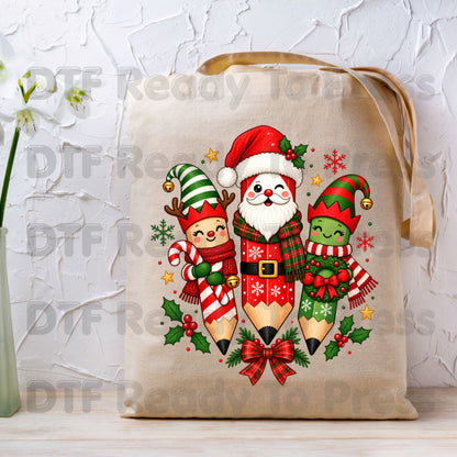 Christmas Teacher Pencils DTF Transfers, Holiday School Elf Santa Cute Teacher Ready to Press