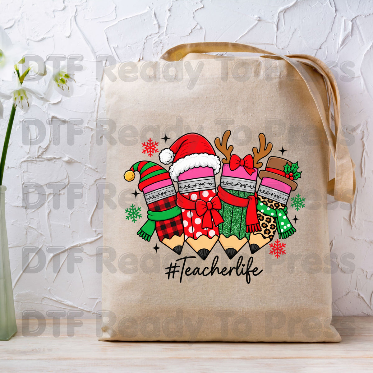 Christmas Teacher Pencils DTF Transfers, Holiday Santa Reindeer School Graphic Ready to Press