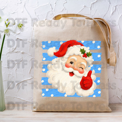 Vintage Winking Santa DTF Transfers, Blue Striped Background Christmas Holiday Ready to Press