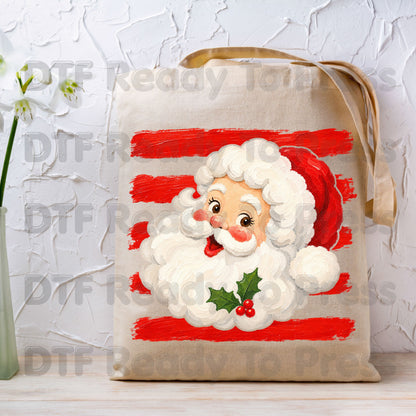 Vintage Santa Claus DTF Transfers, Red Striped Background Festive Christmas Holiday Ready to Press