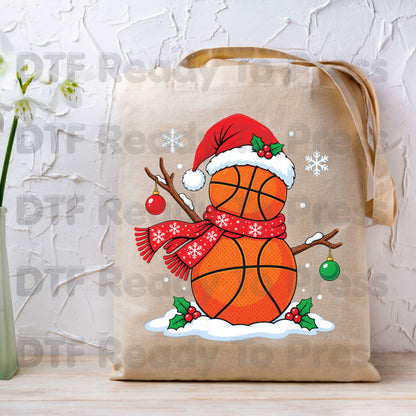 Christmas DTF Transfer, Basketball Snowman with Santa Hat and Scarf Graphic