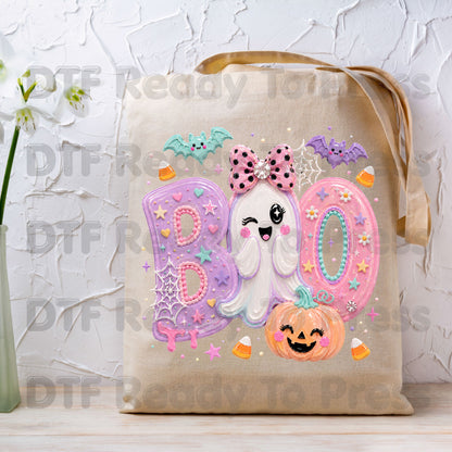 Pastel Cute Ghost Halloween BOO DTF Transfers, Pink Purple Bow Pumpkin Candy Corn Kids Girls Ready to Press