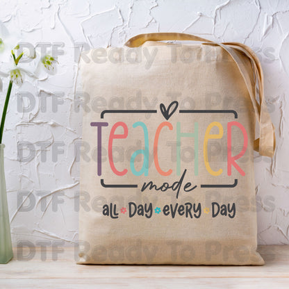 Teacher Mode All Day DTF Transfers, Pastel Rainbow School Teacher Education Ready to Press