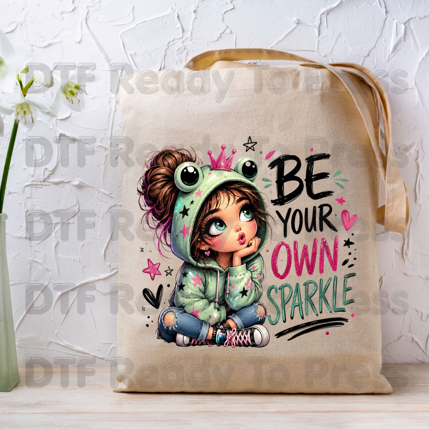 Be Your Own Sparkle Frog Girl DTF Transfers, Cute Crown Stars Kids Ready to Press