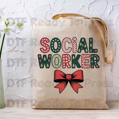Christmas Social Worker DTF Transfers, Holiday Social Work Red Bow Pattern Ready to Press