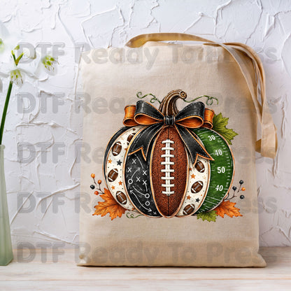 Football Pumpkin Bow DTF Transfers, Fall Game Day Football Field Patchwork Autumn Ready to Press