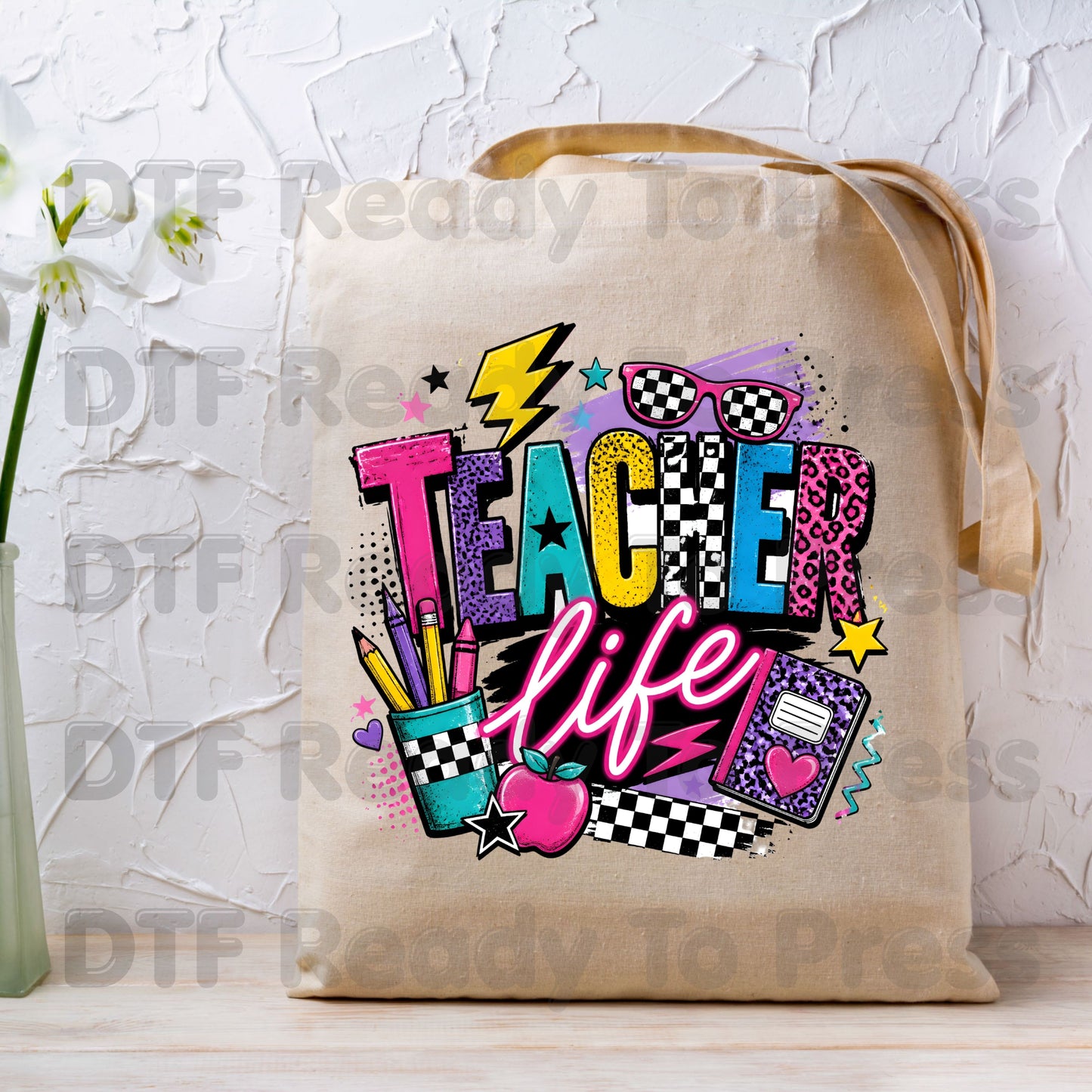 Retro Neon Teacher Life DTF Transfers, Colorful Doodle Graffiti Checkerboard Sunglasses Back to School Ready to Press
