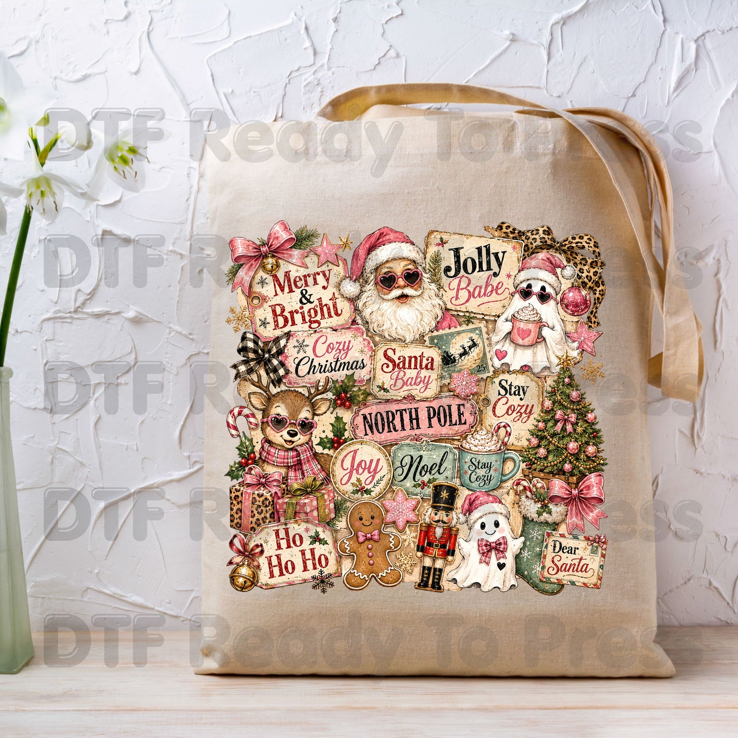 Cozy Pink Christmas Collage DTF Transfers, Santa Reindeer Gingerbread Nutcracker North Pole Holiday Ready to Press