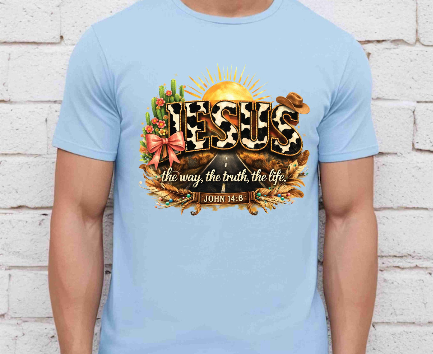 Jesus John 14:6 T Shirt Western Cow Print Tee Christian Way Truth Life Shirt Religious Gift Adult Youth Toddler Baby Boho Cowboy Apparel