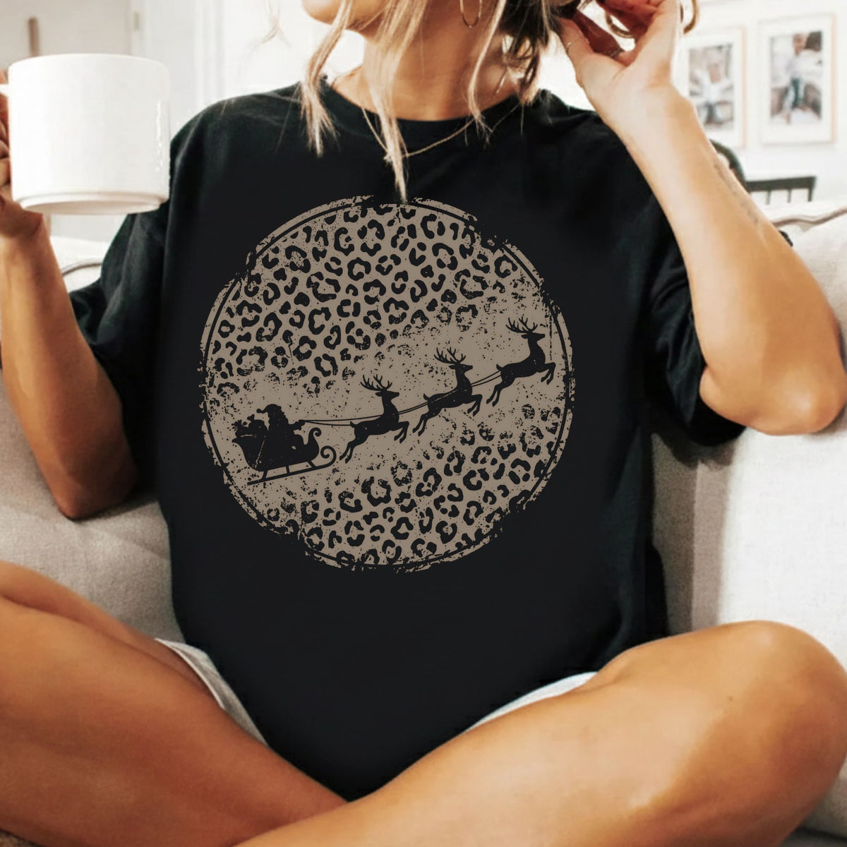 Leopard Print Santa Sleigh T-Shirt, Christmas Reindeer Graphic Tee, Trendy Holiday Shirt